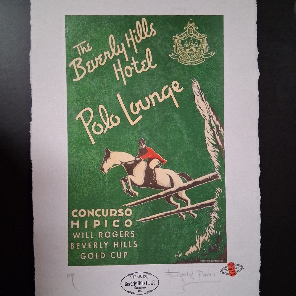 Beverly Hills Hotel, Polo Lounge Print, Hand signed Fairchild Paris